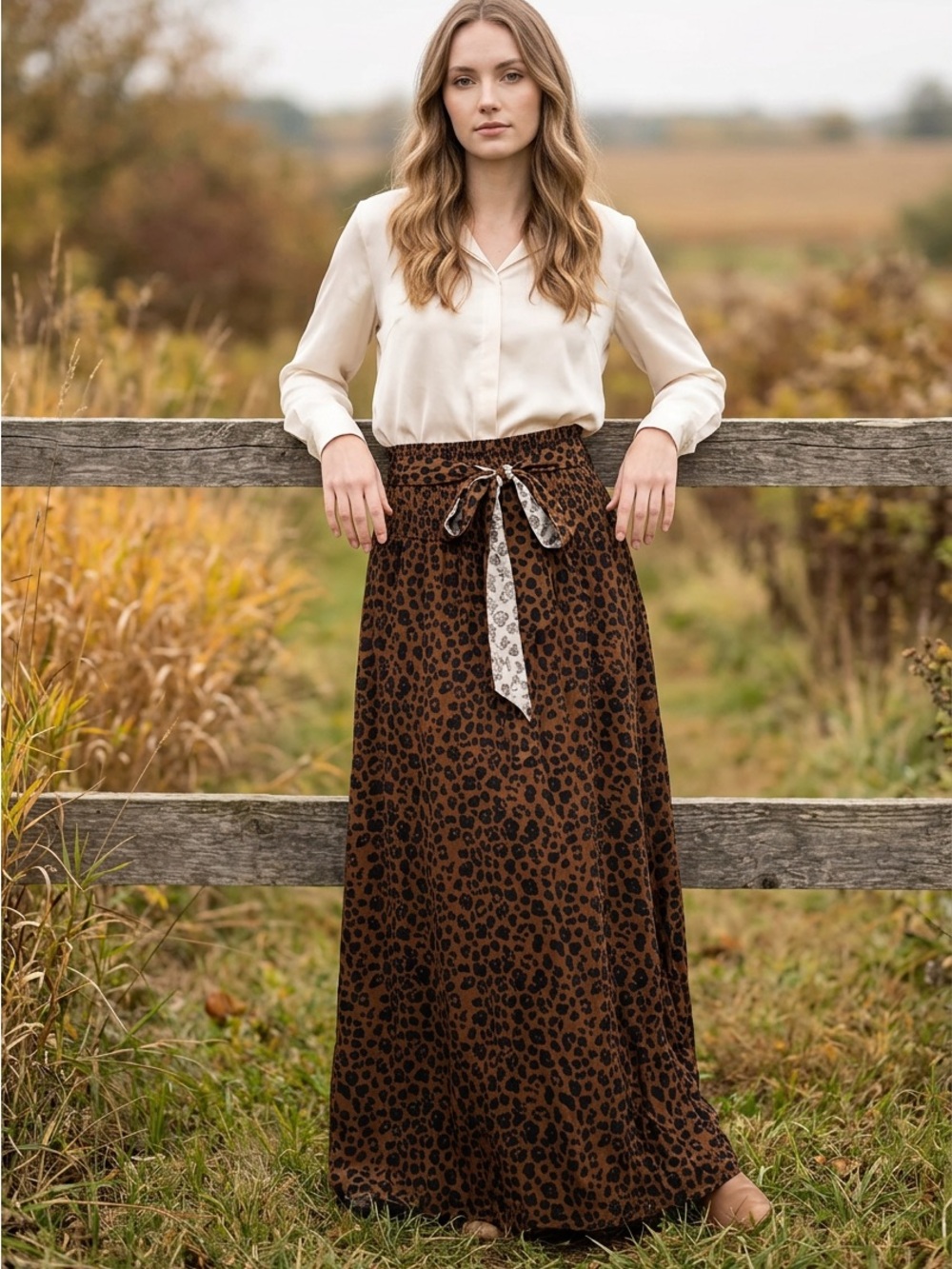 Classic Concepts Brown Leopard Print Maxi Skirt with Contrast Waist Tie